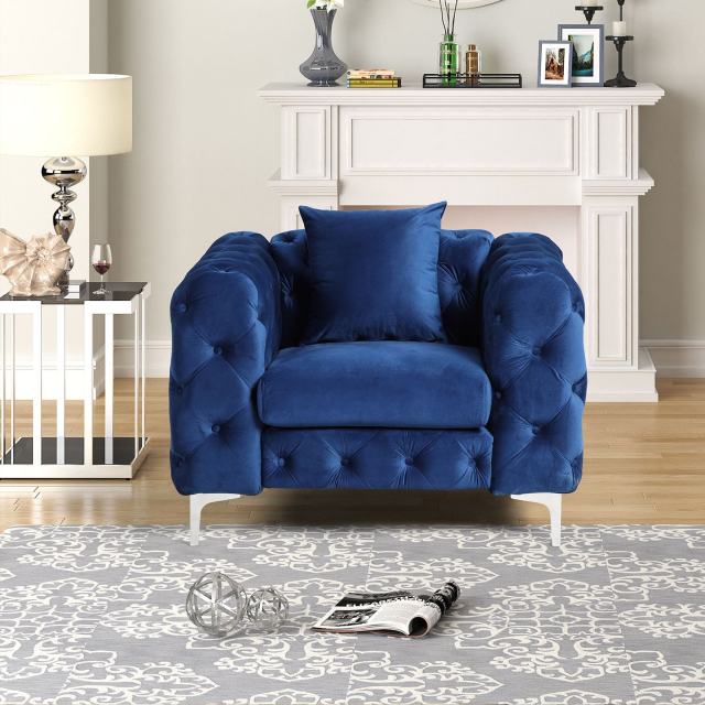Contemporary Accent Chair with Deep Button Tufting Dutch Velvet - Navy Blue