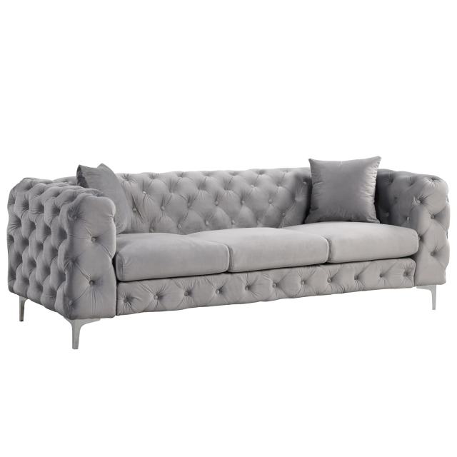 Contemporary Sofa Couch with Deep Button Tufting Dutch Velvet - Silver Grey