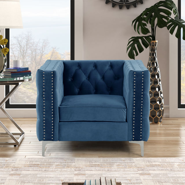 Modern Accent Chair with Deep Dutch Velvet - Blue