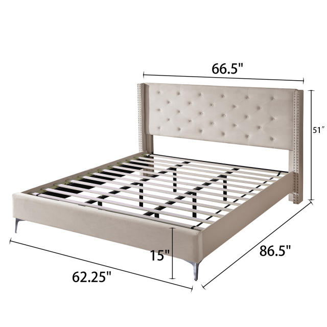 Bed Frame 15 Inch Wood Platform, Upholstered Platform Bed - Cream