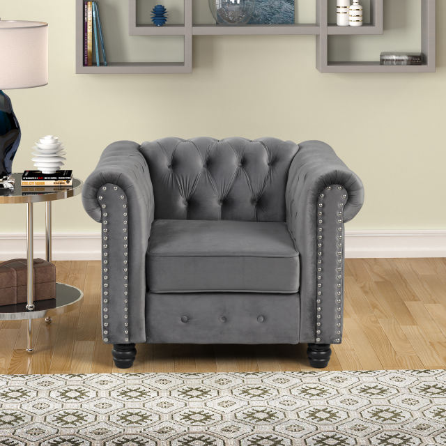 Contemporary Accent Chair with Deep Button Tufting Dutch Velvet - Light Grey