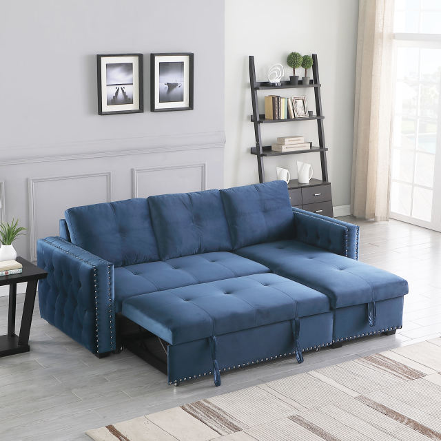 Velvet Reversible Sleeper Sectional Sofa with Storage