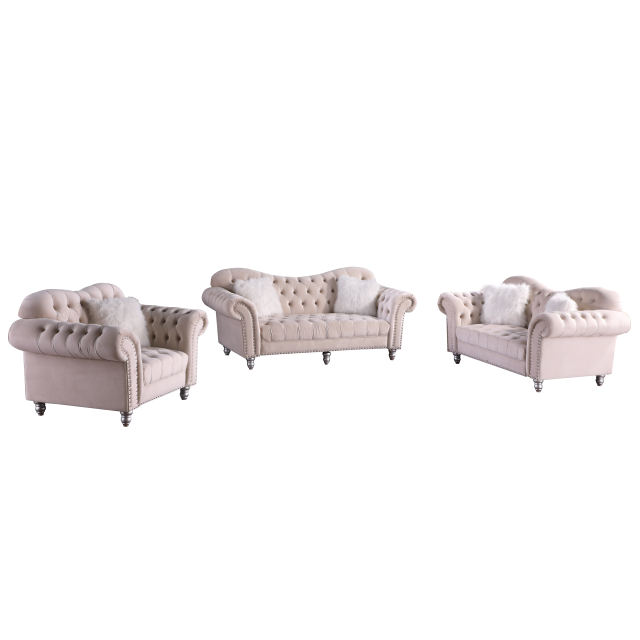 3 Pieces Luxury Classic America Chesterfield Tufted Camel Back - Beige