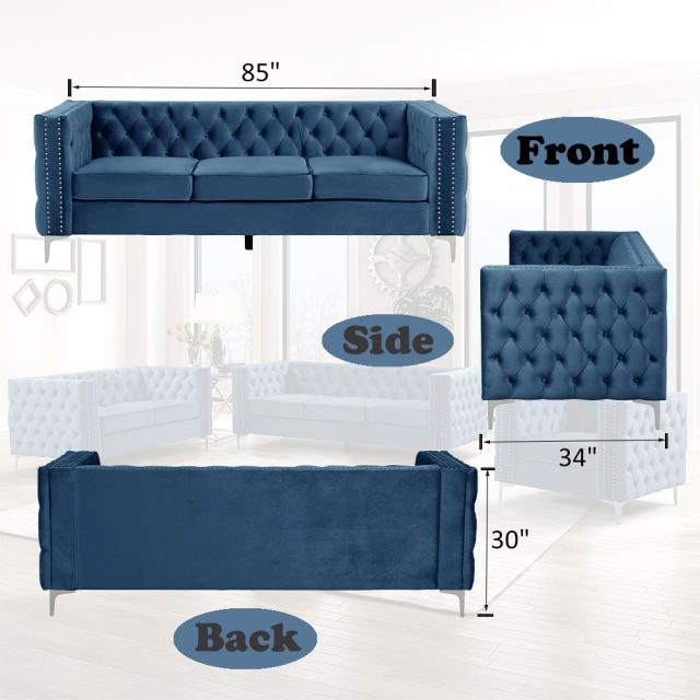 Couches for Living Room 3 Pieces Velvet - Blue