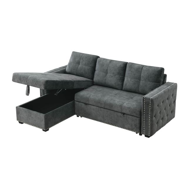 Velvet Reversible Sleeper Sectional Sofa with Storage in Gray