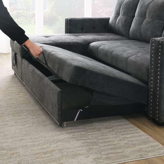 Velvet Reversible Sleeper Sectional Sofa with Storage in Gray