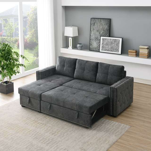 Velvet Reversible Sleeper Sectional Sofa with Storage in Gray