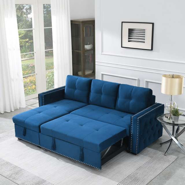 Velvet Reversible Sleeper Sectional Sofa with Storage in Gray