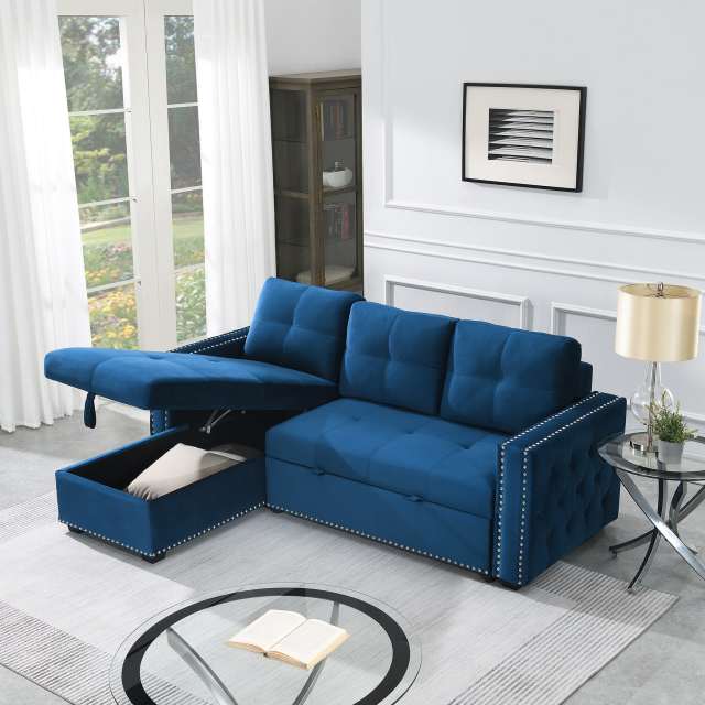 Velvet Reversible Sleeper Sectional Sofa with Storage in Gray