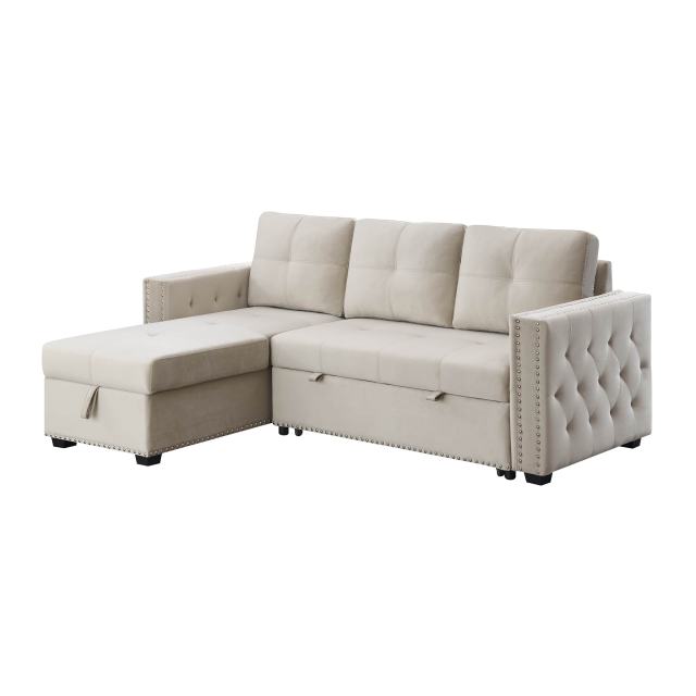 Velvet Reversible Sleeper Sectional Sofa with Storage in Gray