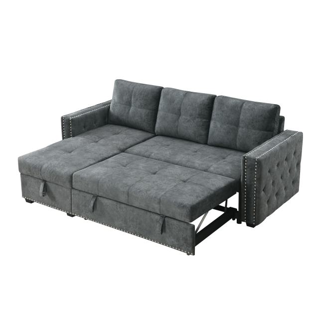 Velvet Reversible Sleeper Sectional Sofa with Storage in Gray