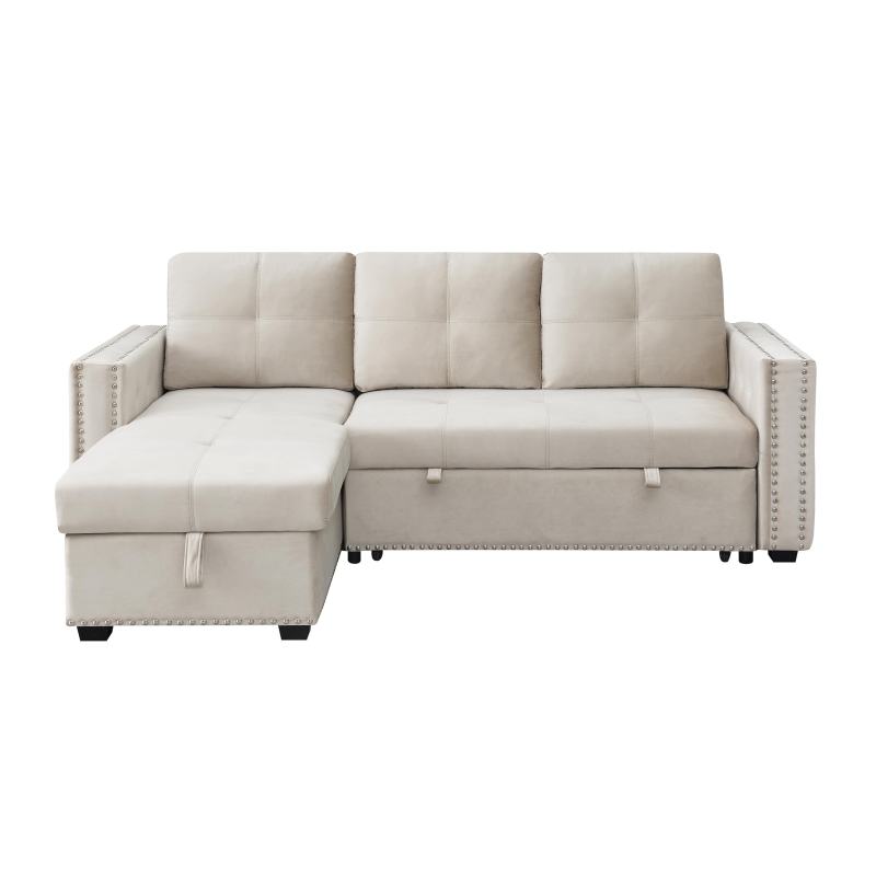 Velvet Reversible Sleeper Sectional Sofa Bed with Storage in Beige