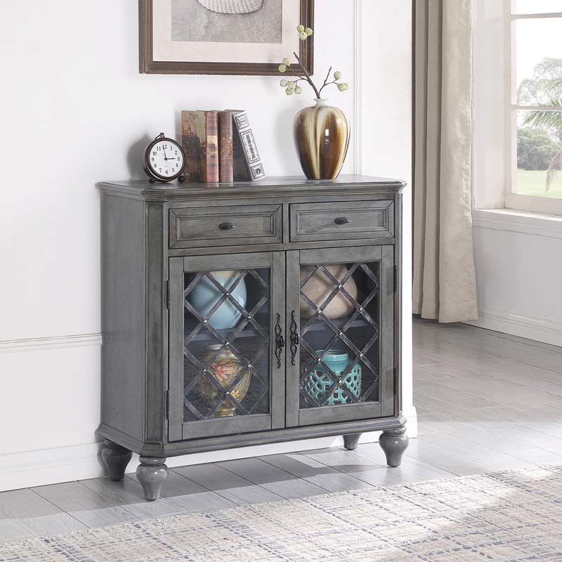 Retro Buffet Cabinet Sideboard with Storage, 2 Drawers, 2 Doors and Adjustable Shelves with Iron Framed Glass Doors Accent Table Display Storage Distressed Console Cabinet (Grey)