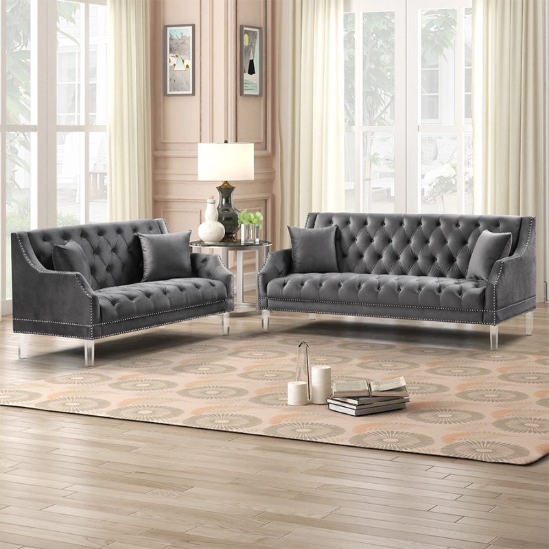 Living Room Couches Slope Arm Loveseat and Sofa Set Velvet Gray