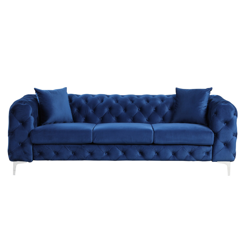 2 Pieces Contemporary Sofa and Chair with Deep Button Tufting Dutch Velvet - Navy Blue