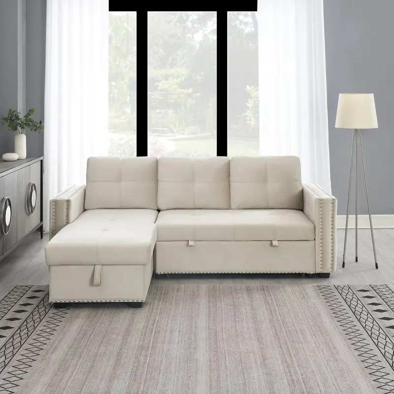 Velvet Reversible Sleeper Sectional Sofa Bed with Storage in Beige