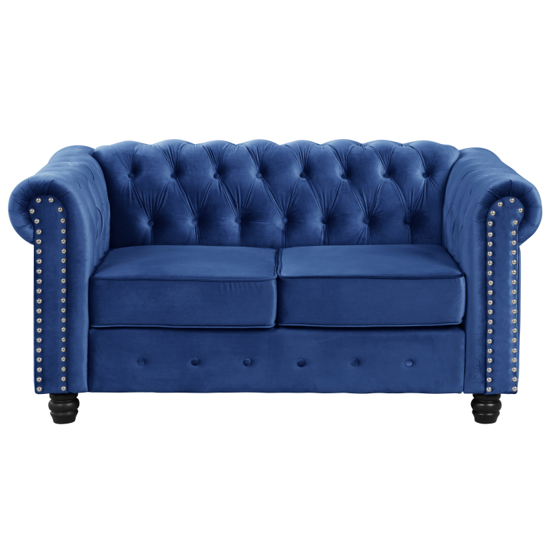 Contemporary Love Seat with Deep Button Tufting Dutch Velvet - Blue