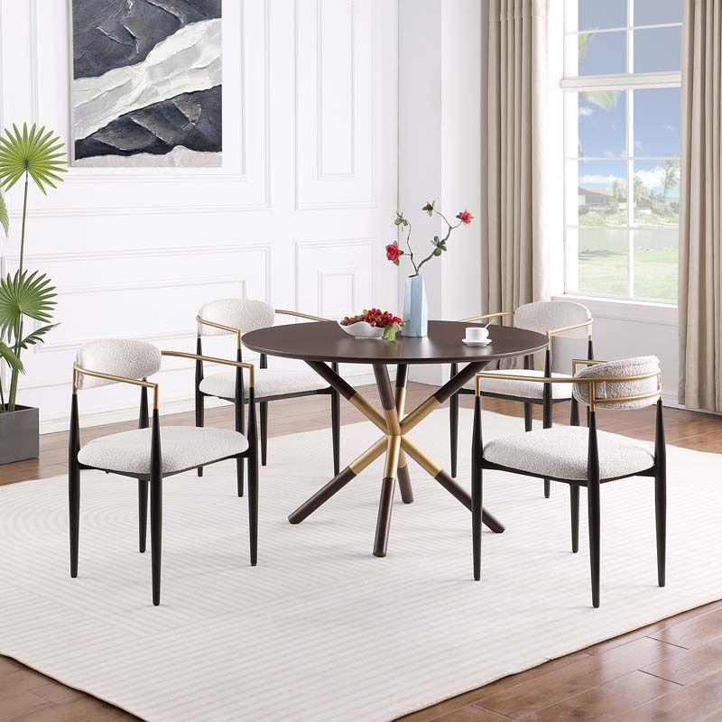 47in.W Round Dining Table Set with Cross Legs, Walnut Wood Top Modern Chair Minimalist Style Hollow Design with Metal Frame