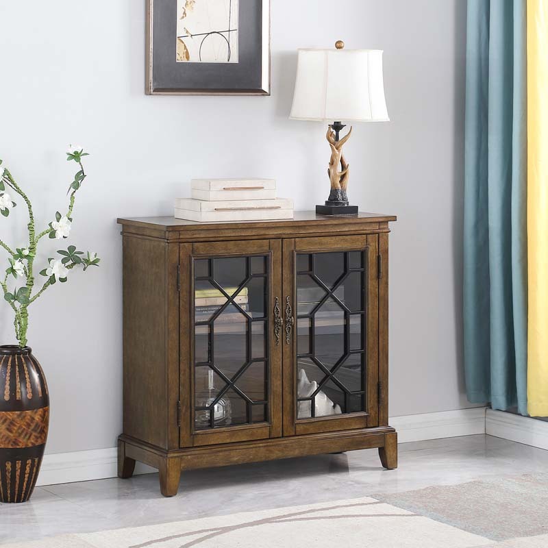 Sideboard & Buffets Cabinet with Iron Framed Glass Doors, Adjustable Shelves Accent Display Storage Distressed Console Cabinet for Entryway Living Room Bedroom Kitchen(Cherry)