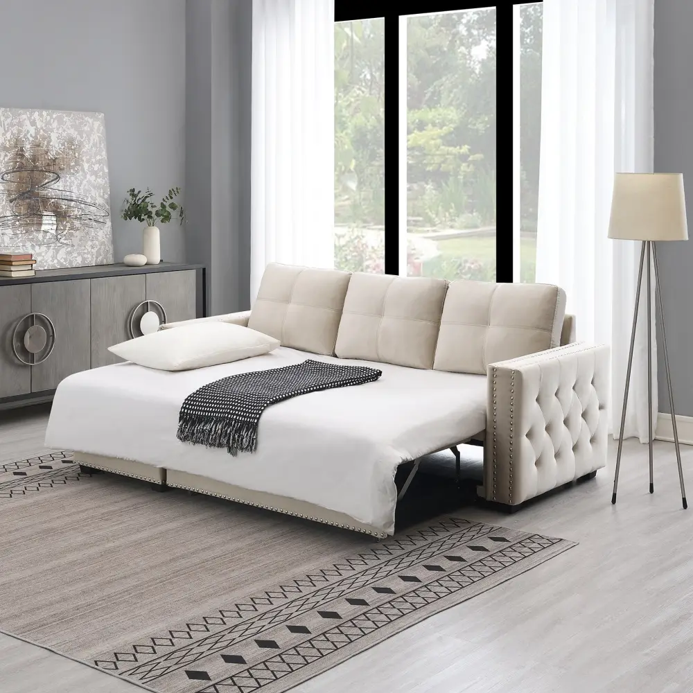 Velvet Reversible Sleeper Sectional Sofa Bed with Storage in Beige