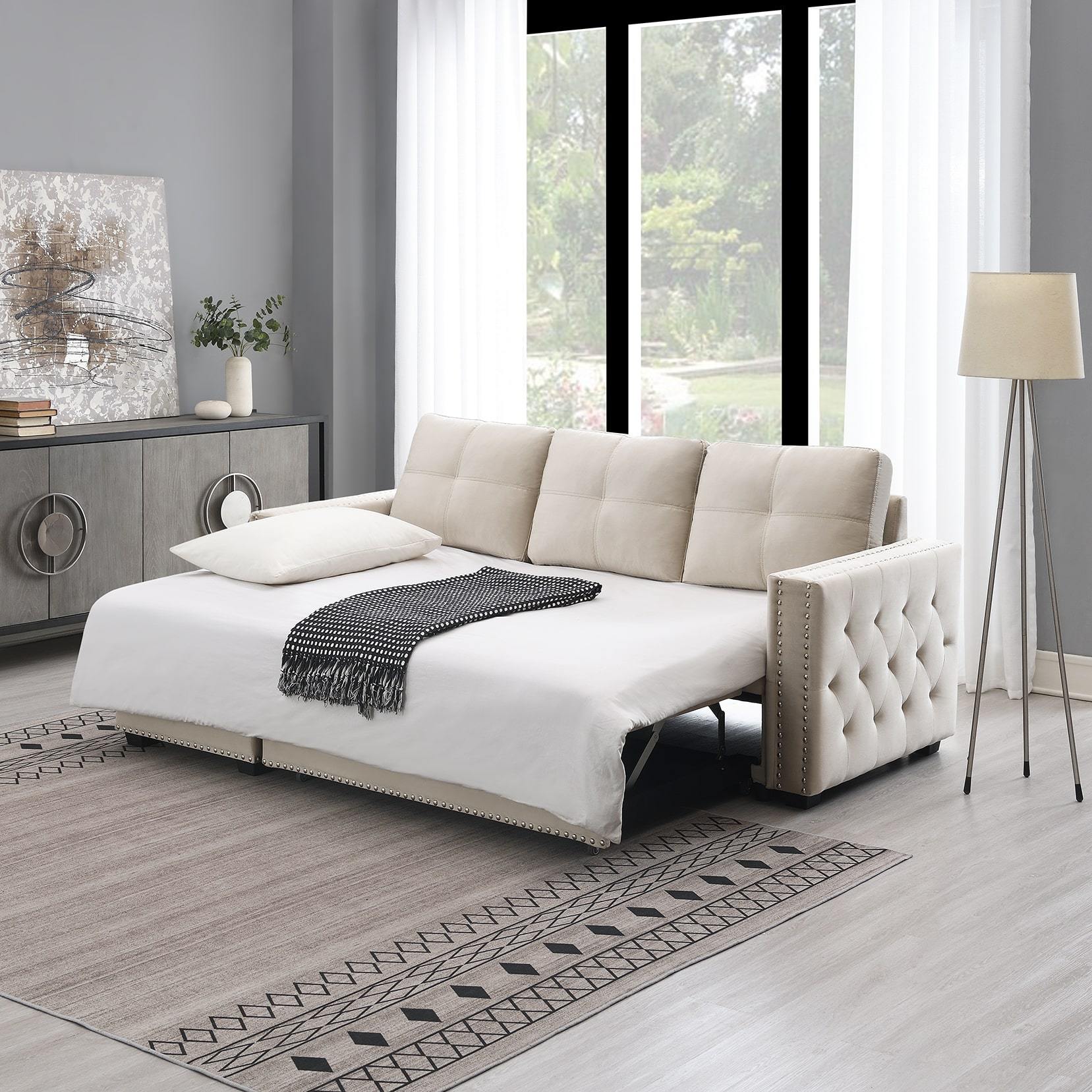 Velvet Reversible Sleeper Sectional Sofa Bed with Storage in Beige