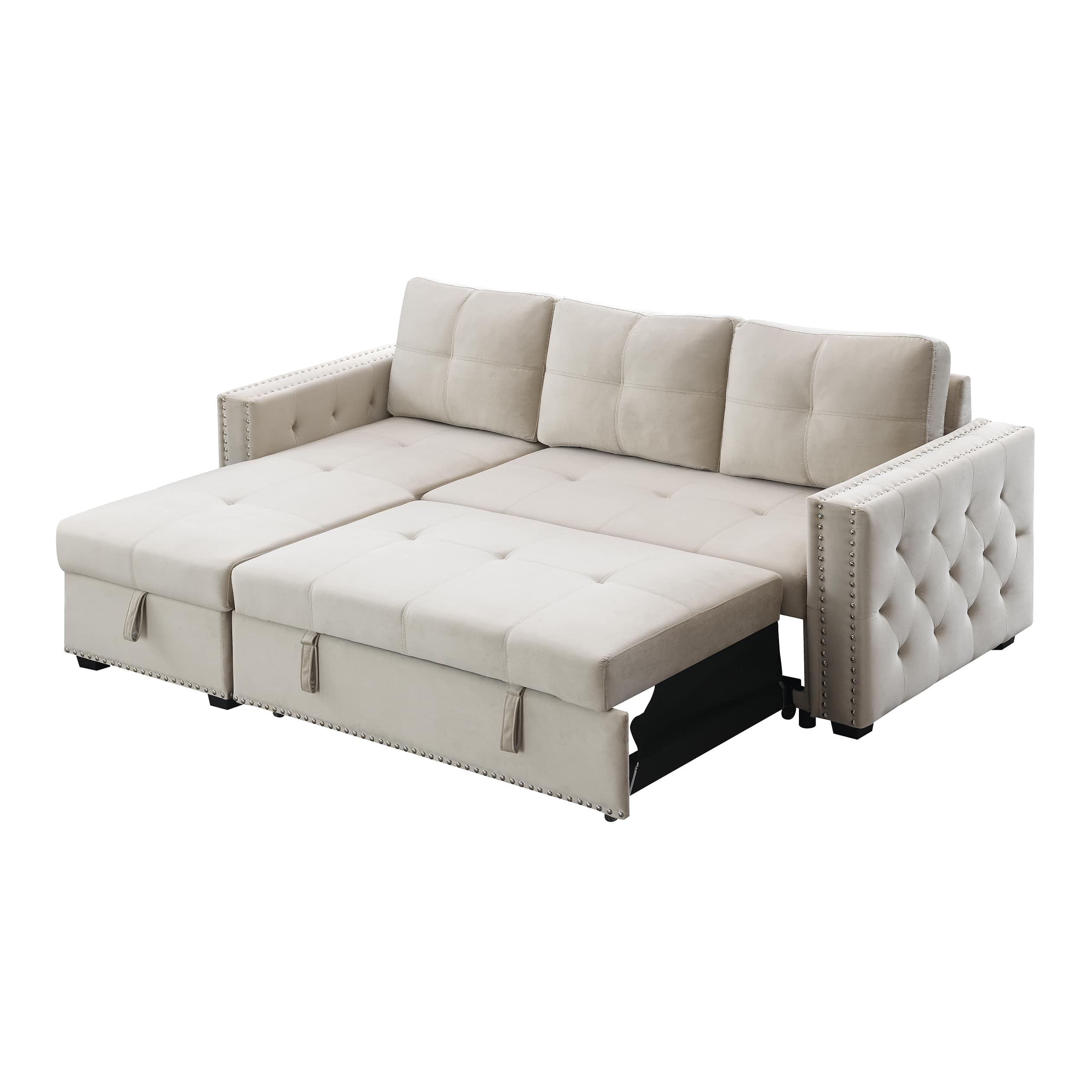 Velvet Reversible Sleeper Sectional Sofa Bed with Storage in Beige