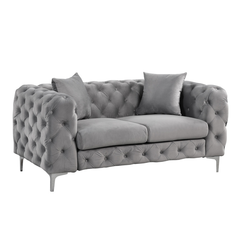 Contemporary Sofa  with Deep Button Tufting Dutch Velvet 2 Pieces- Silver Grey