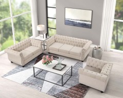 Linen Chesterfield Sofa Set With Roll Arms