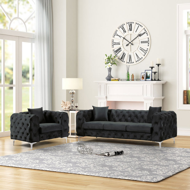 Contemporary Sofas Set with Button Tufting Dutch Velvet Black