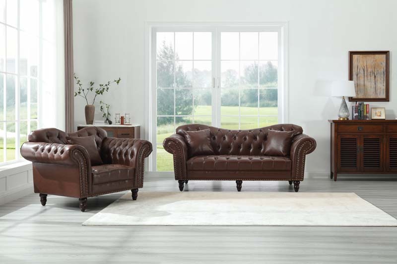 Chesterfield Leather Sofa Set Tufing Button Design