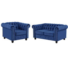 Chesterfield Velvet Furniture Chair and Loveseat Sets 2 Pieces - Blue