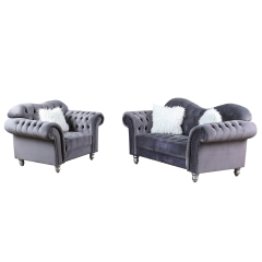 Luxury Classic America Chesterfield Chair and Loveseat Tufted Camel Back - Grey