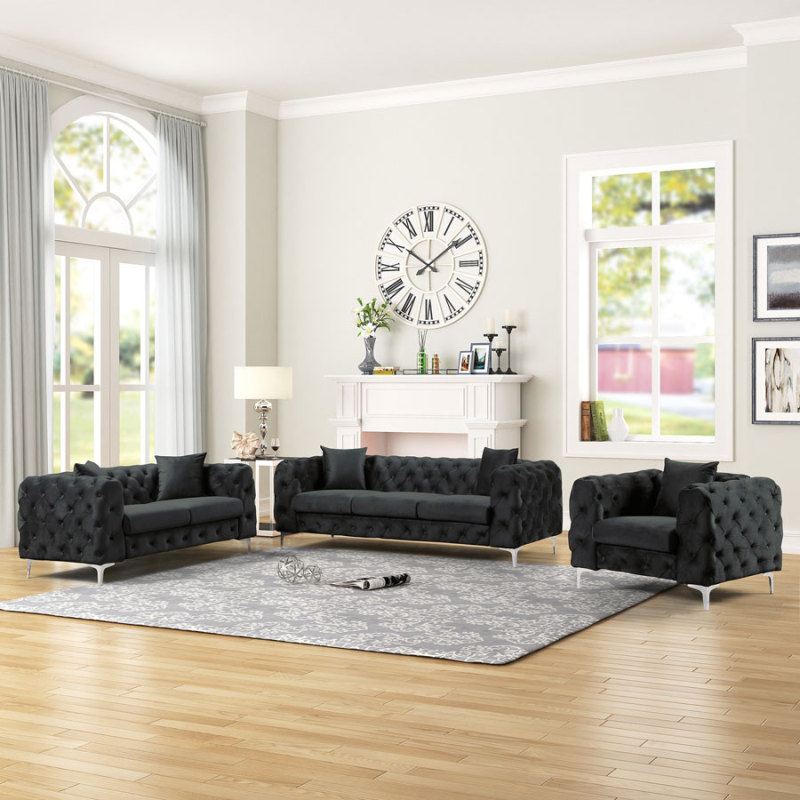 Contemporary Sofa  with Deep Button Tufting Dutch Velvet Black