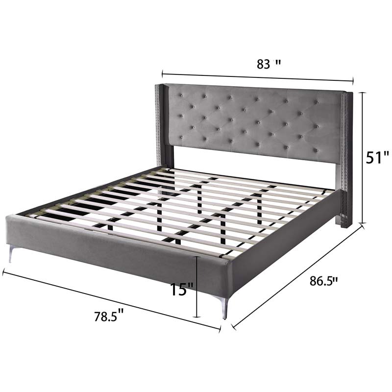 California King/ King size Velvet Bed Frame Upholstered Platform Bed - Cream