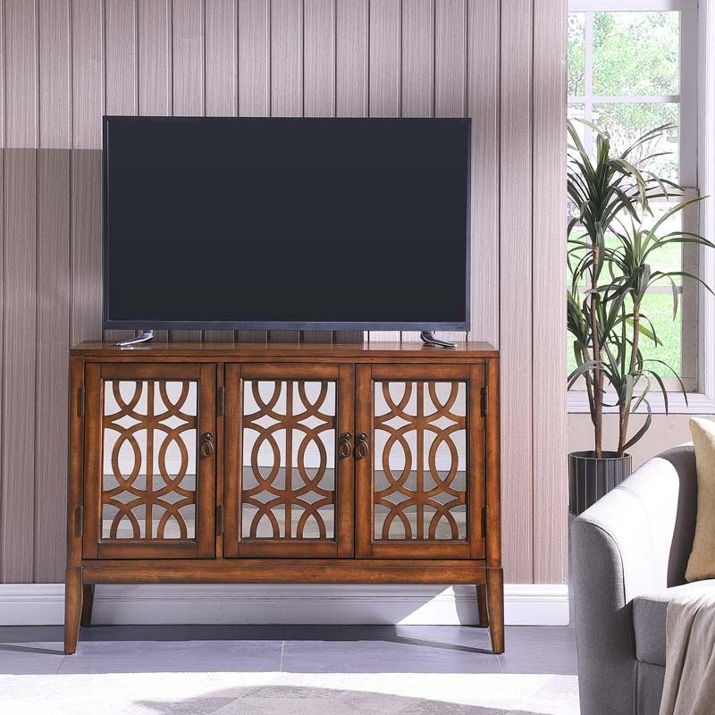 Accent Chest and Cabinet Sideboard with Framed Mirror Doors, 2 Adjustable Shelves Entryway Serving Wine Storage in Cherry