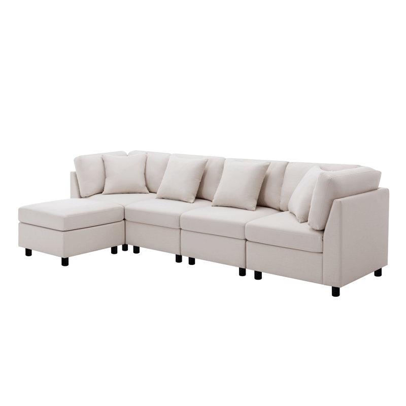 L-Shaped Sectional Sofa Modular Sofa Couch with Ottoman, Modern Beige Linen 4 Seater Sectional Convertible U Shaped Sofa for Living Room, Apartment, Easy Assembly