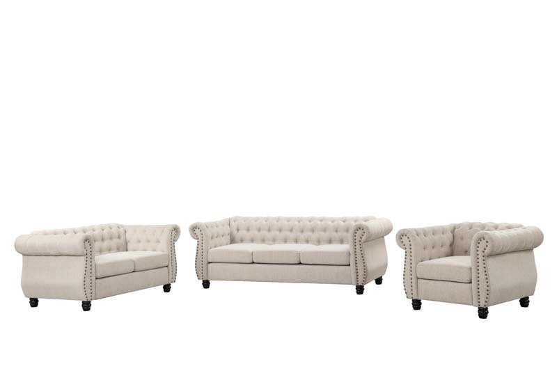 Linen Chesterfield Sofa Set With Roll Arms