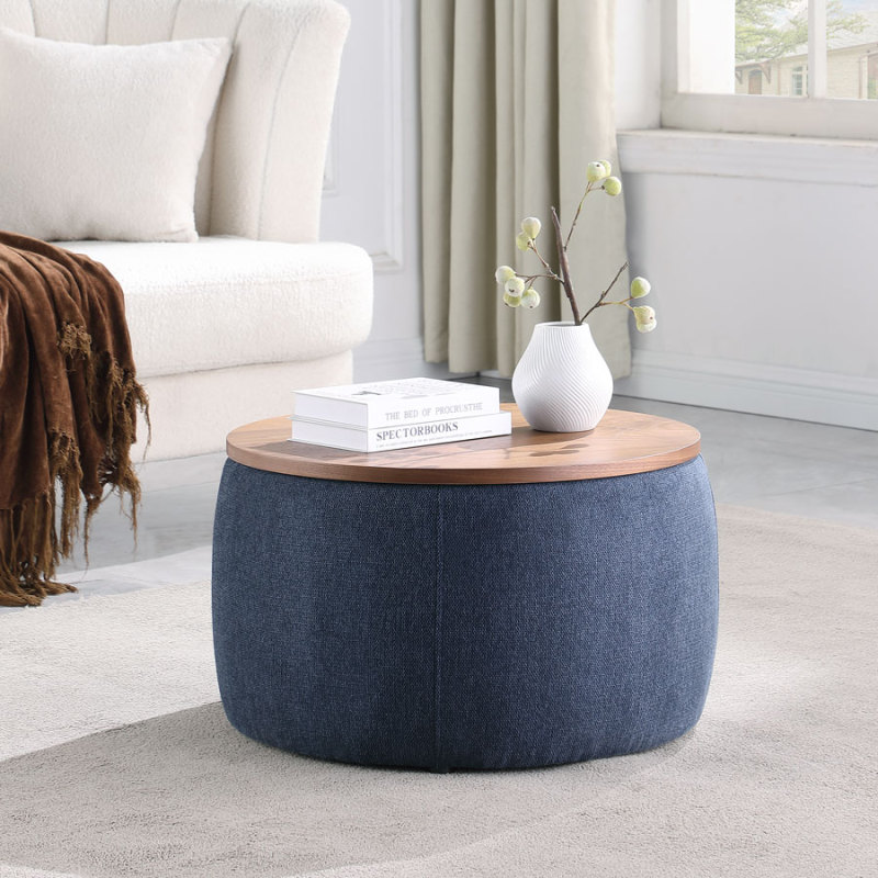 Round Storage Ottoman Coffee Table Footstool with Wood Cover for Living Room