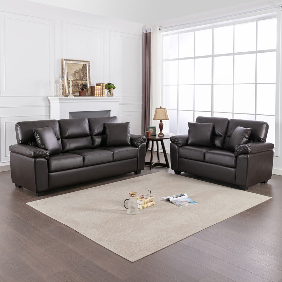 Sofa Collection 2 Pieces  Flared Arm PU Leather Mid-Century Modern Upholstered Sofa in Brown