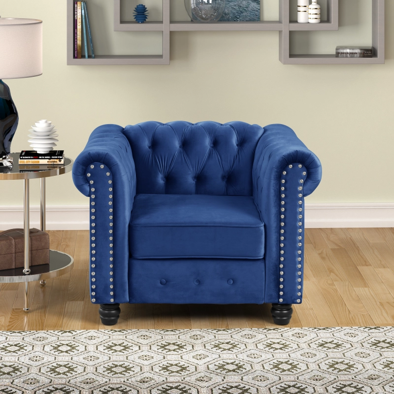 Contemporary Accent Chair with Deep Button Tufting Dutch Velvet  - Blue
