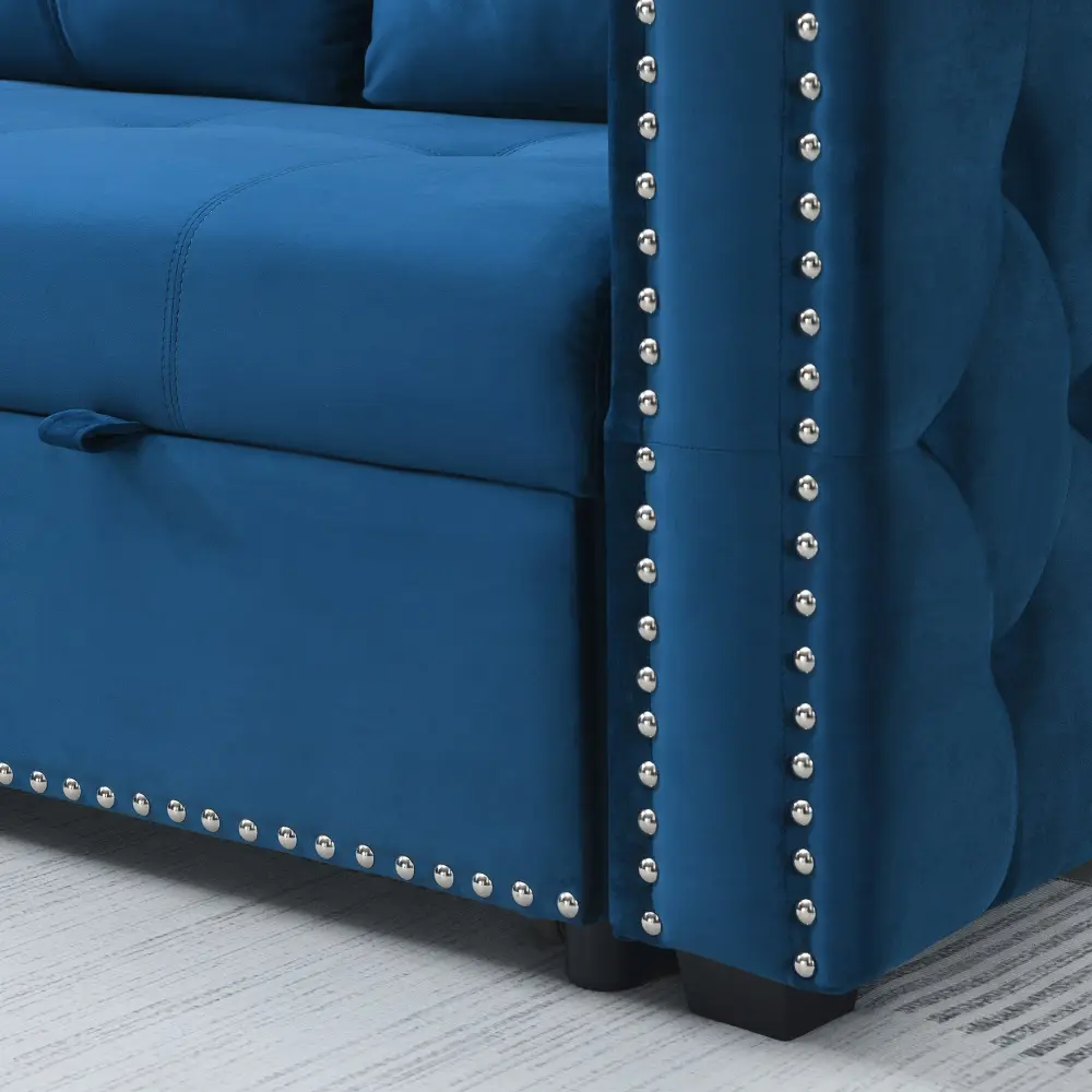 Velvet Sectional Sofa Bed with Storage and Pull Out Bed in Blue