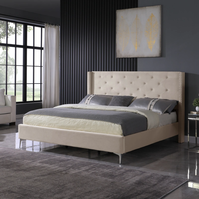 Bed Frame 15 Inch Wood Platform, Upholstered Platform Bed - Cream