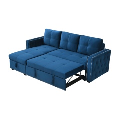 Velvet Sectional Sofa Bed with Storage and Pull Out Bed in Blue