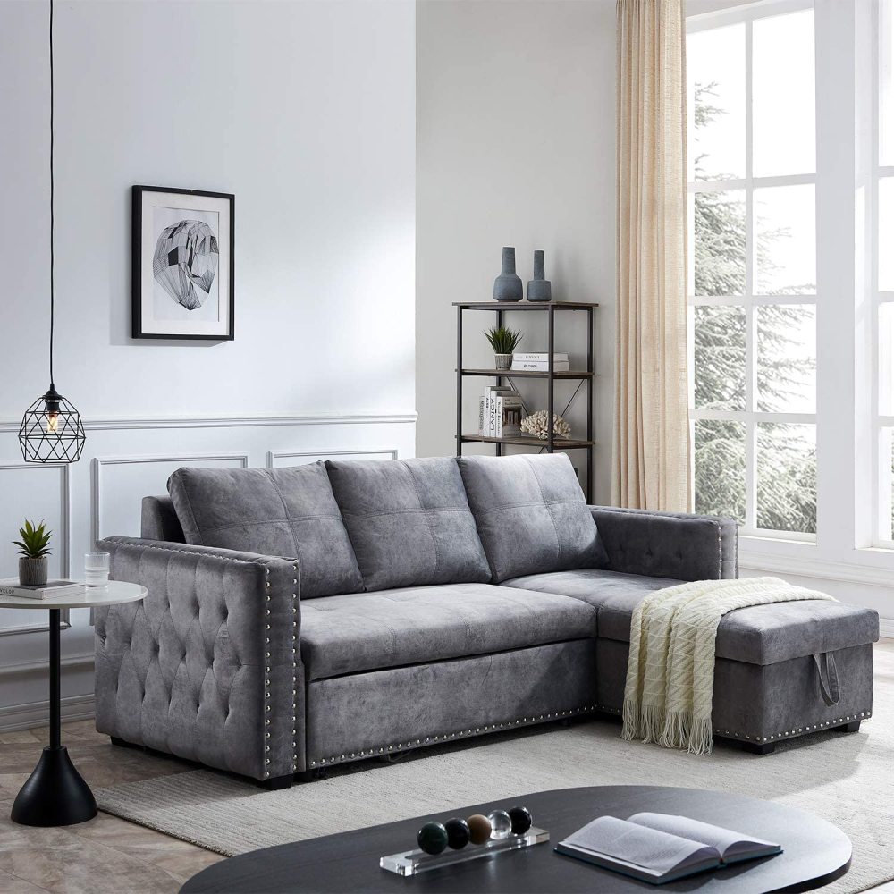 Velvet Sectional Sofa Bed with Storage and Pull Out Bed in Gray