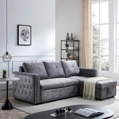 Velvet Sleeper Sofa Sectional Sofa Bed with Storage in Gray