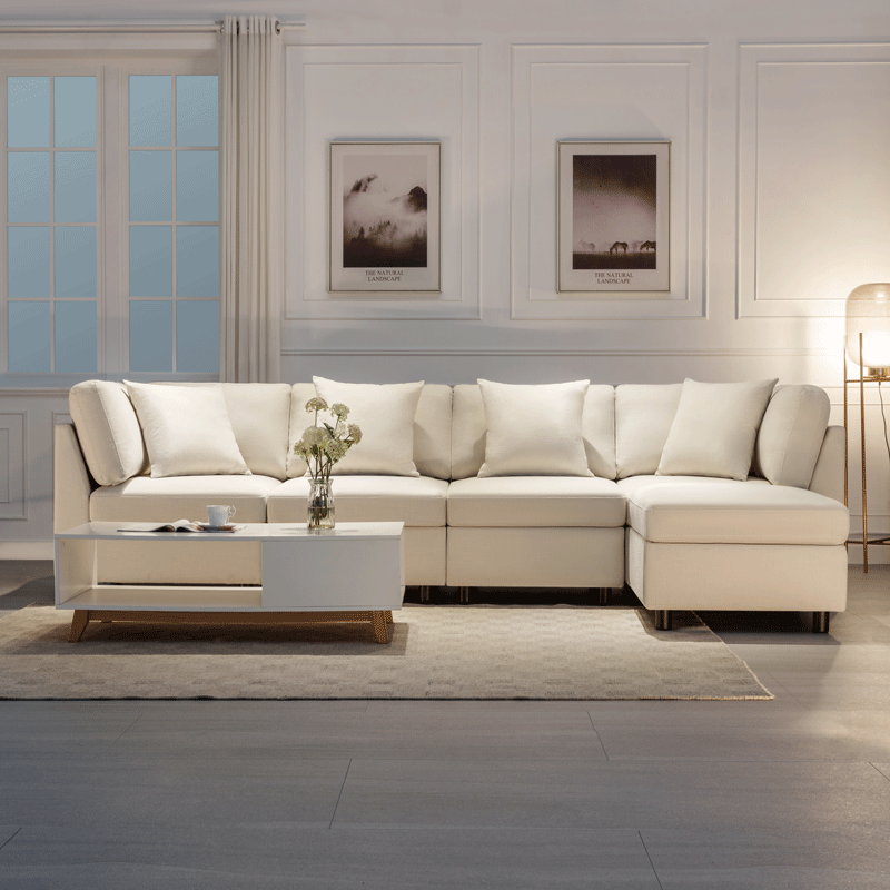 L-Shaped Sectional Sofa Modular Sofa Couch with Ottoman, Modern Beige Linen 4 Seater Sectional Convertible U Shaped Sofa for Living Room, Apartment, Easy Assembly