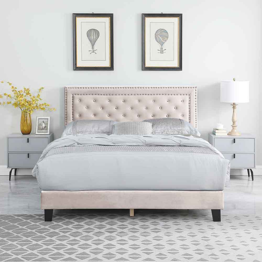 Bed Frame, Velvet Tufted Upholstered Modern Platform Bed with Headboard, Wooden Slats, No Box Spring Needed