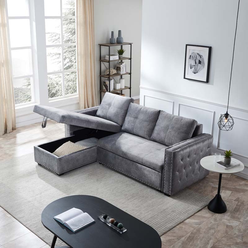 Velvet Sectional Sofa Bed with Storage and Pull Out Bed in Gray