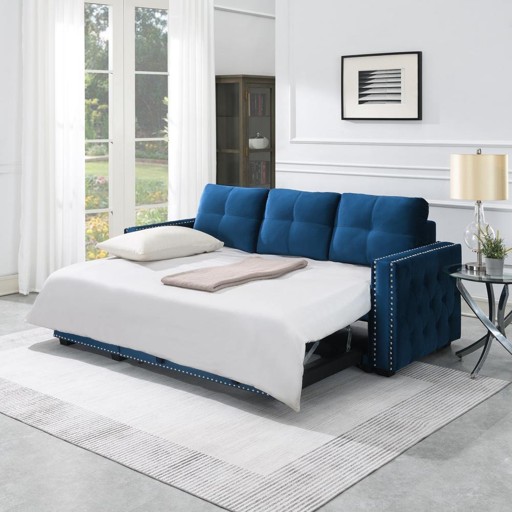 Velvet Reversible Sleeper Sectional Sofa with Storage in Blue