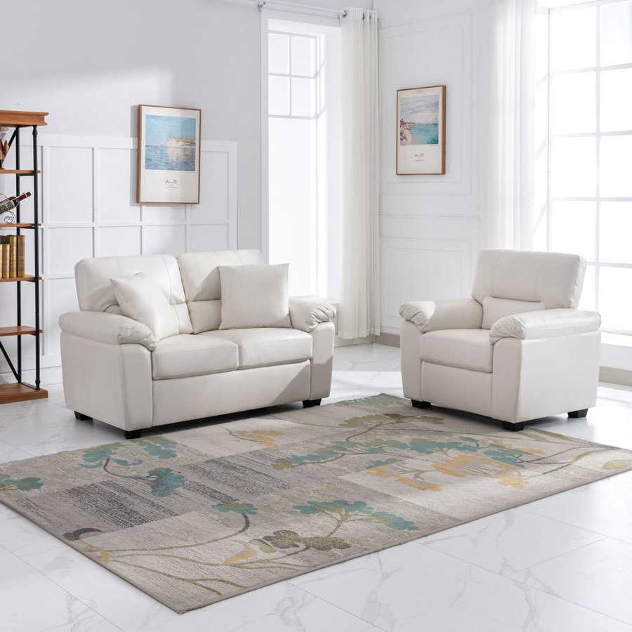 Sofa Collection 2 Pieces  Flared Arm PU Leather Mid-Century Modern Upholstered Sofa in White
